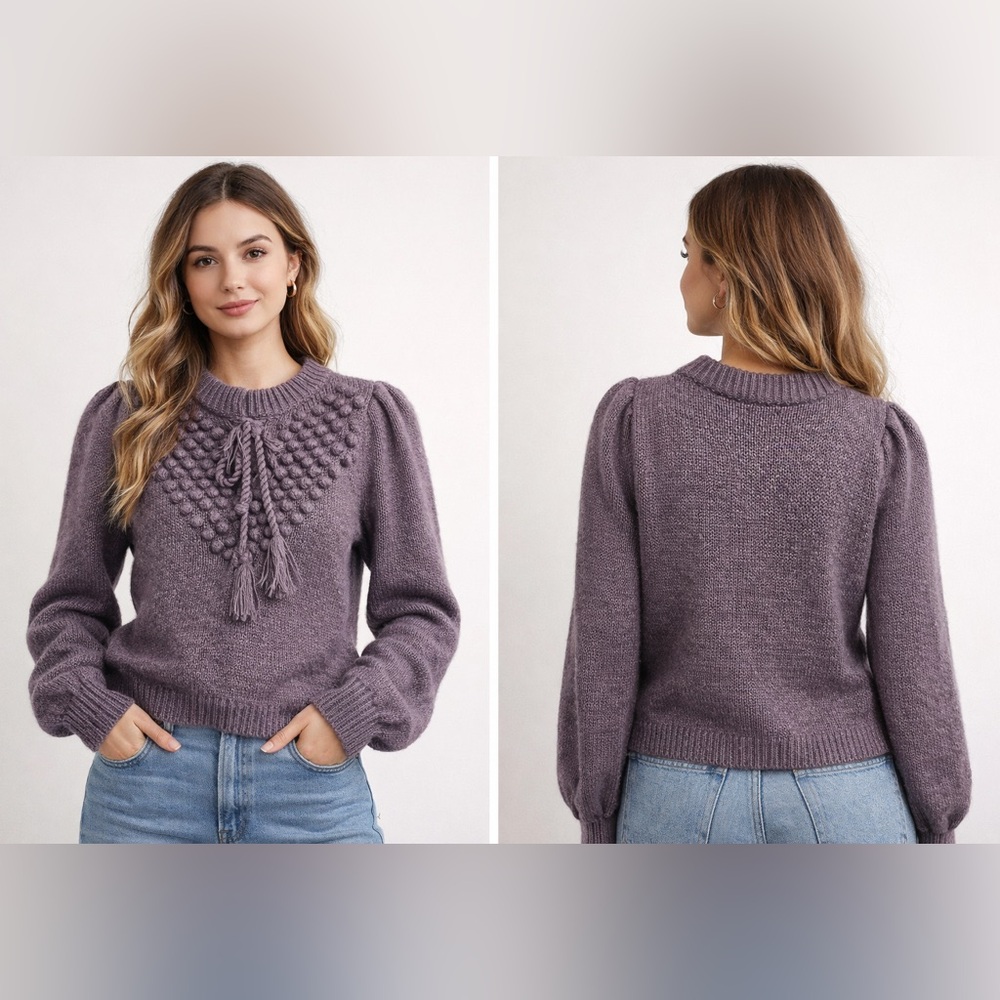 Moda International Wool Blend Lavender Knit Balloon Sleeve Sweater Sz. L